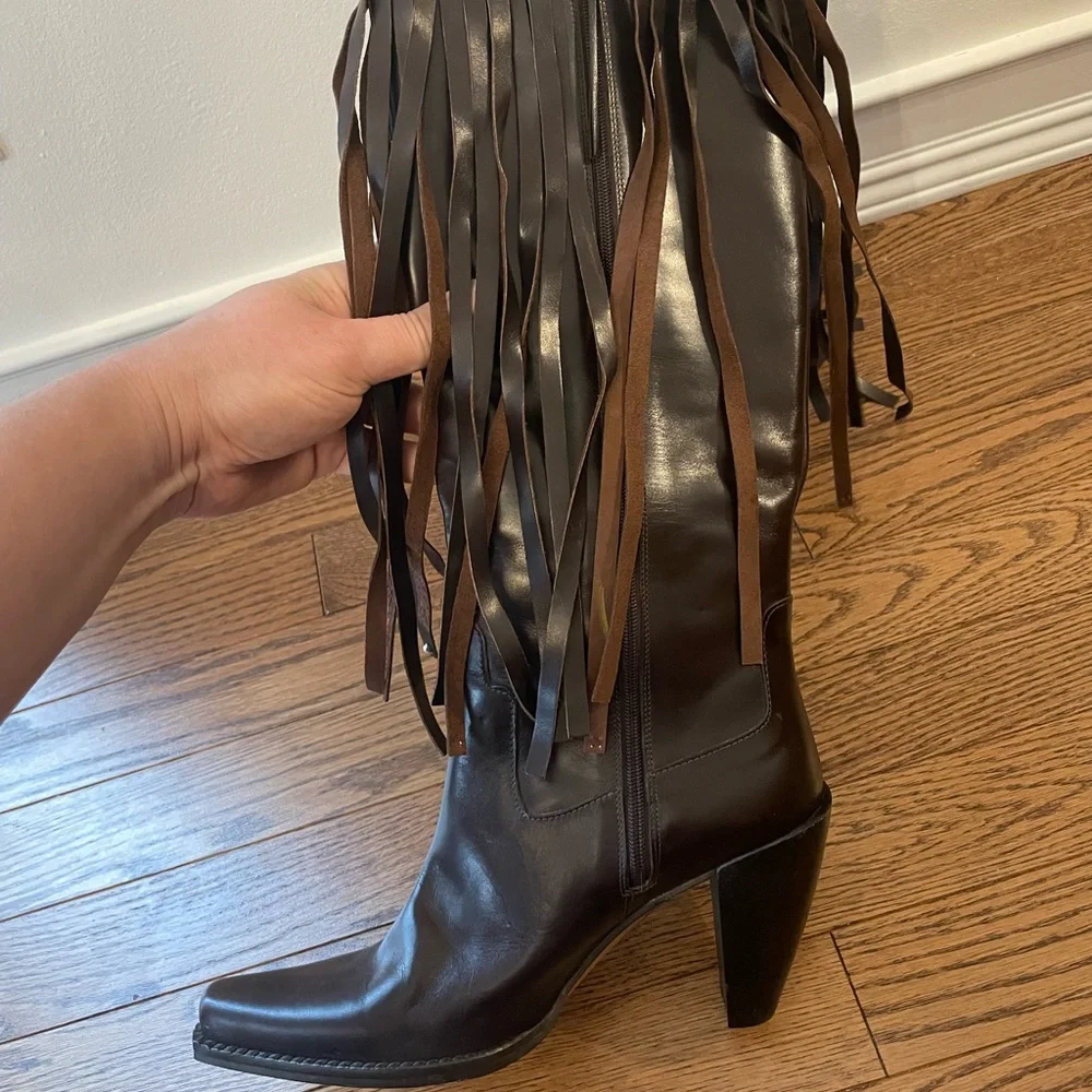 Donald J Pliner Western Couture Leather Studded Fringe Heeled Boots - Picture 6 of 15